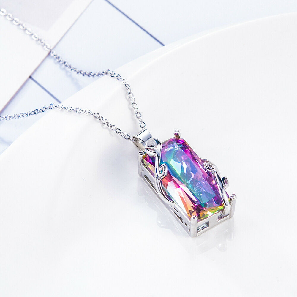 Mystic Big Rainbow Topaz Pendant Chain Chocker Prom Party Necklace