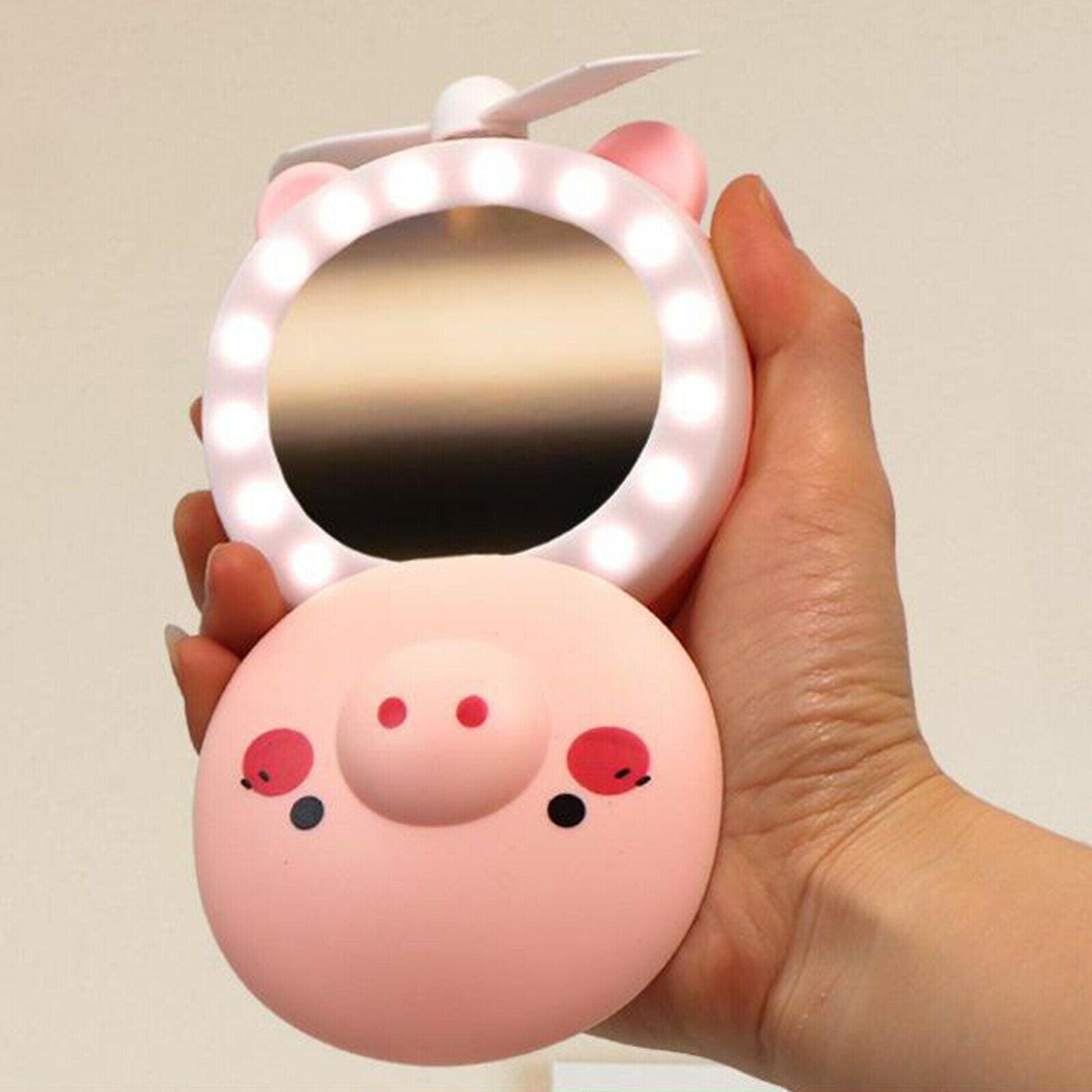 Cartoon Pig Makeup Mirror Cooling Fan LED Light USB Rechargeable Indoor