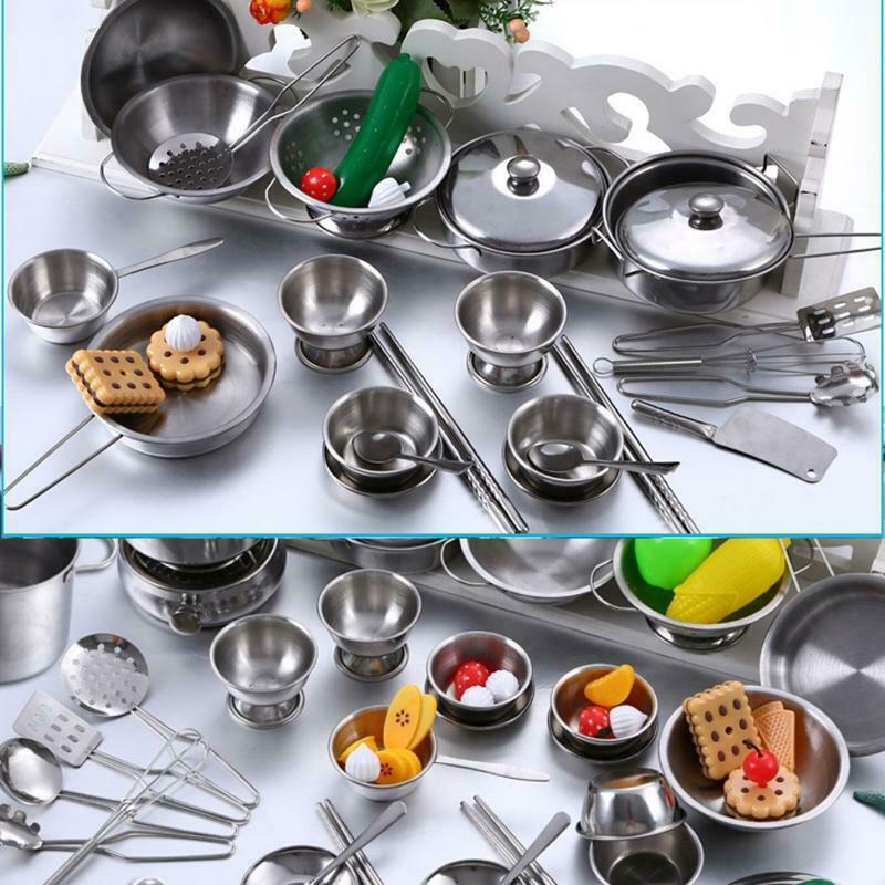 25Pcs Stainless Steel Kids House Kitchen Toys Children Pretend Play Cookware Set