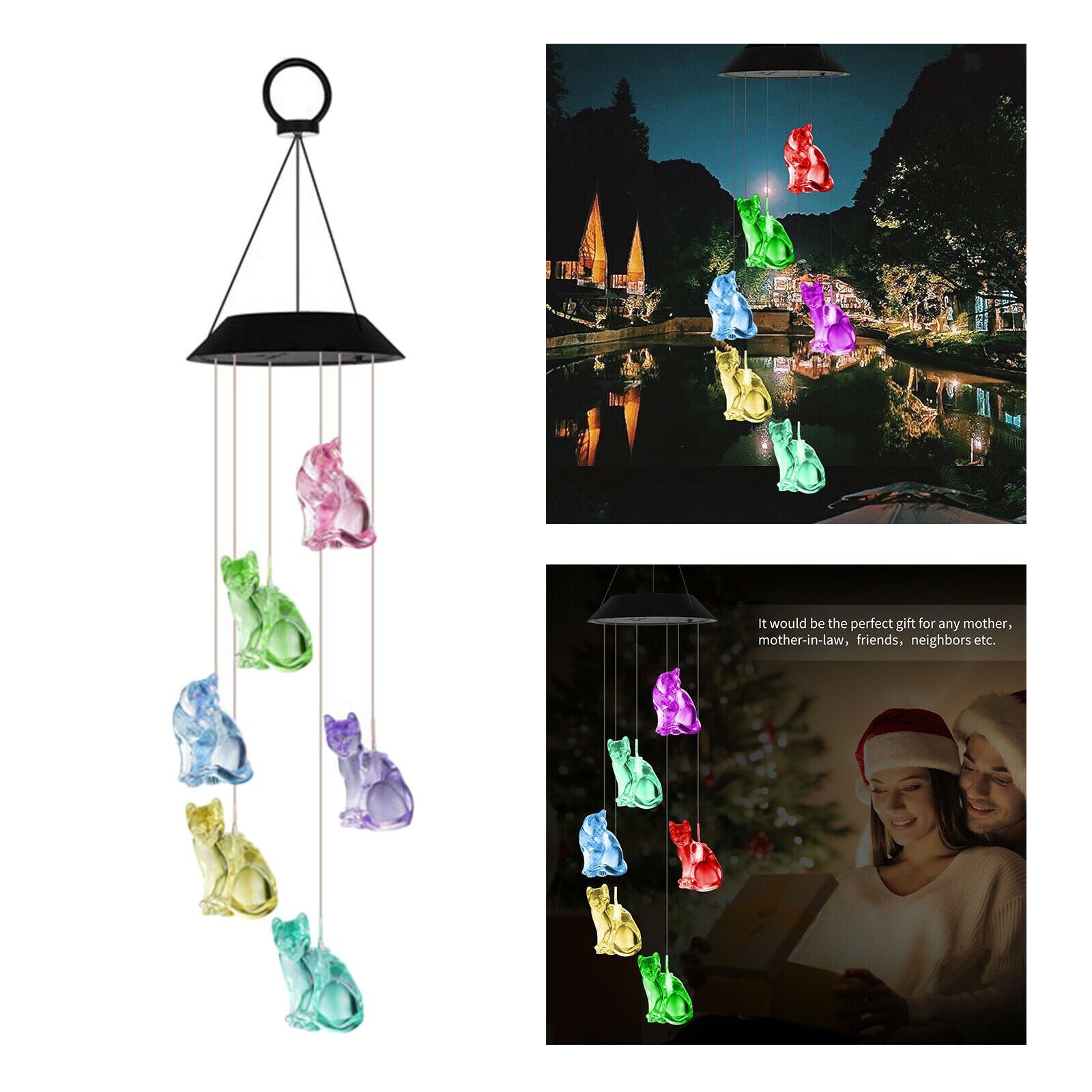 Hanging Romantic Creative Cat Solar Wind Chime LED Lamp Garden Yard Ornament