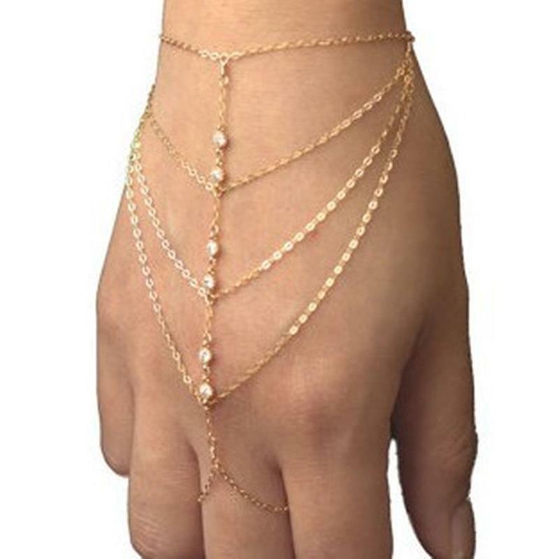Women Cuff Bracelet Hand Harness Punk Multilayer Tassels Chain Link Rin.l8