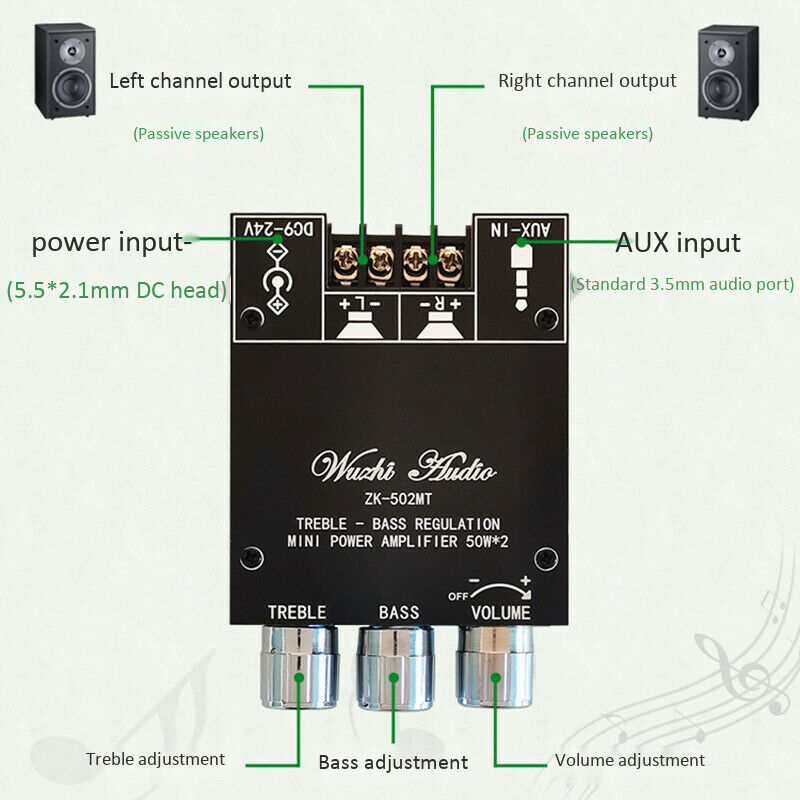 ZK-502MT Bluetooth 5.0 Subwoofer Amplifier Board 2.0 Channel High Power Audio G6