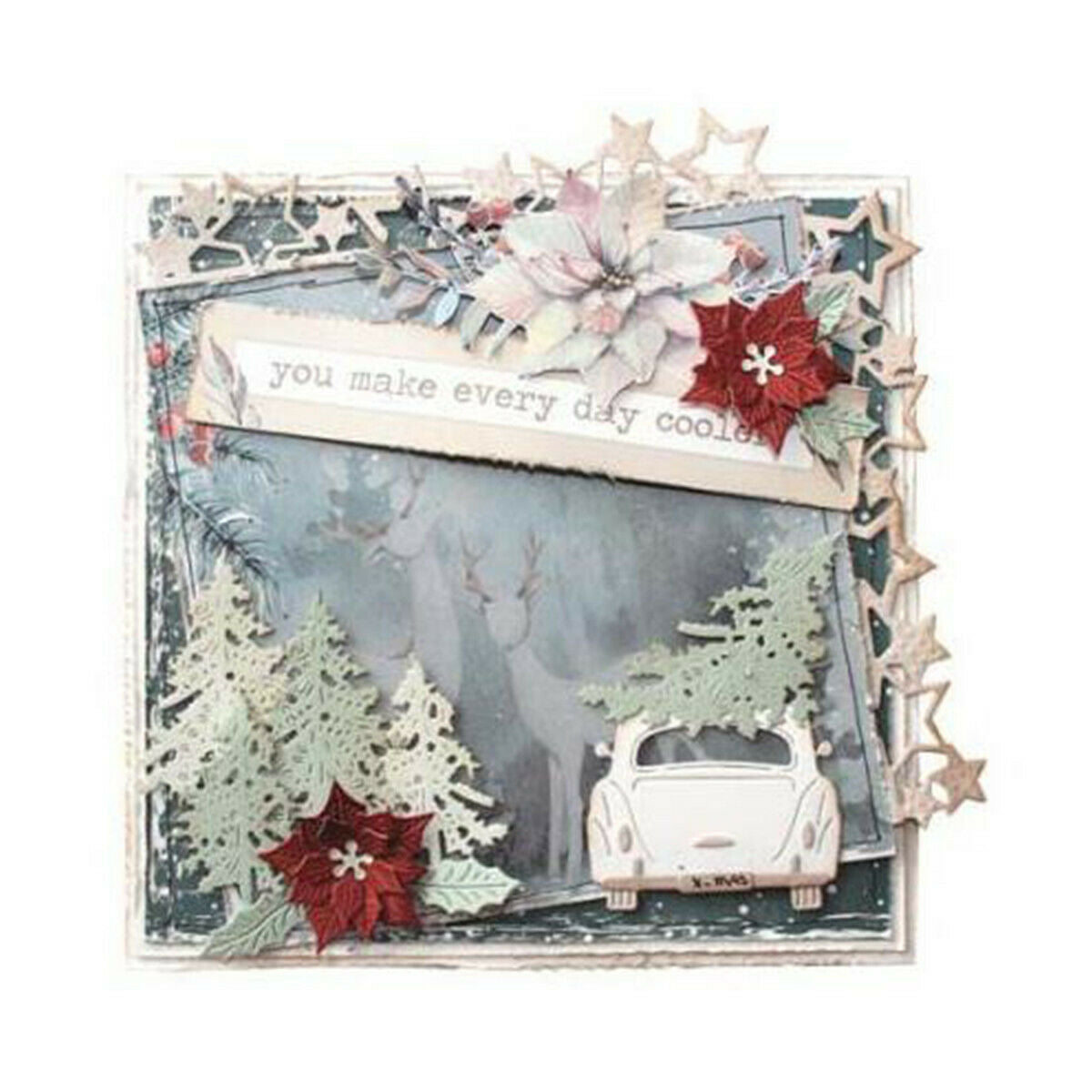 Christmas Greetings Poinsettia Flower Metal Cutting Dies Embossing Scrapbooking