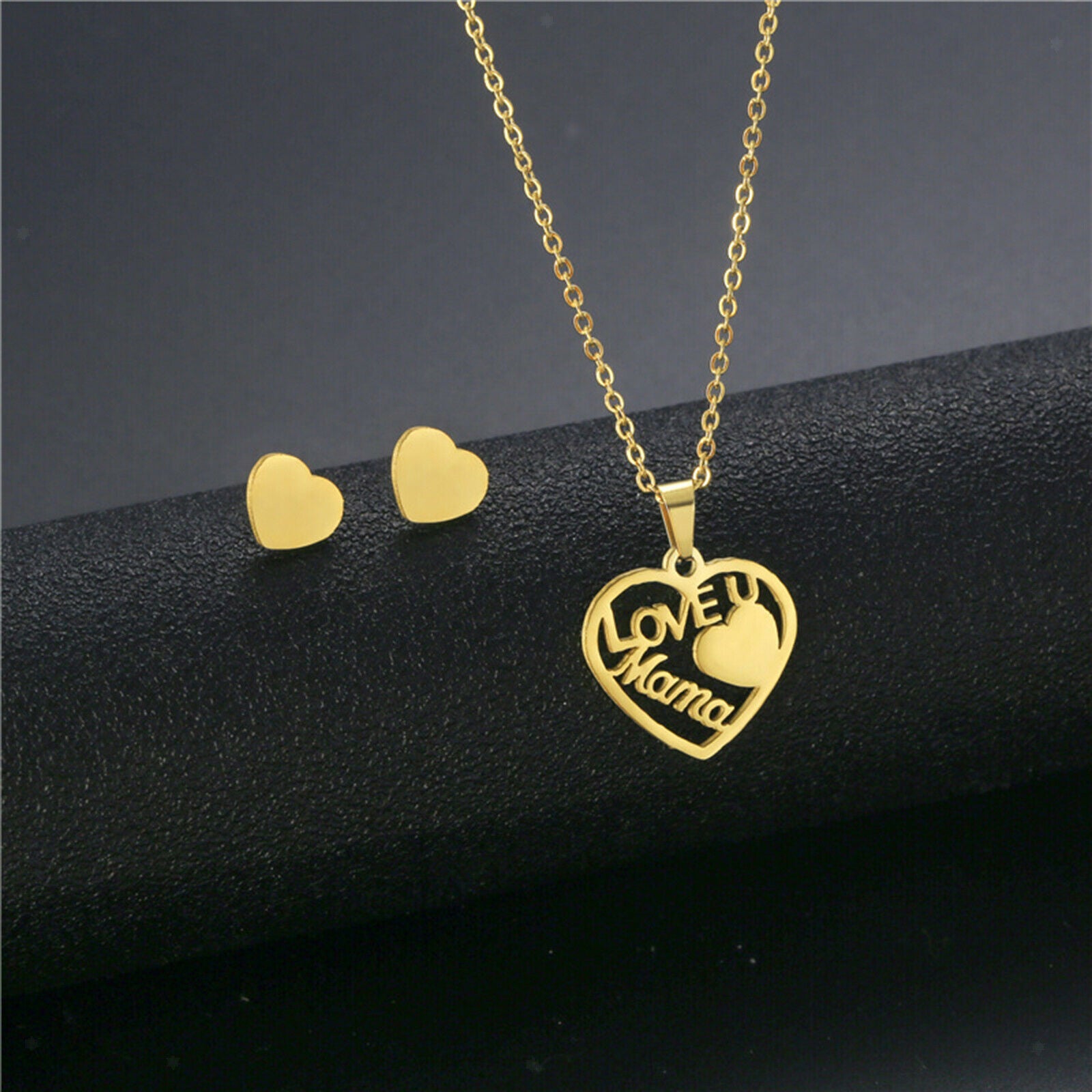 Love Mom Heart Pendant Necklace with 2 Ear Stud Earrings Stainless Steel
