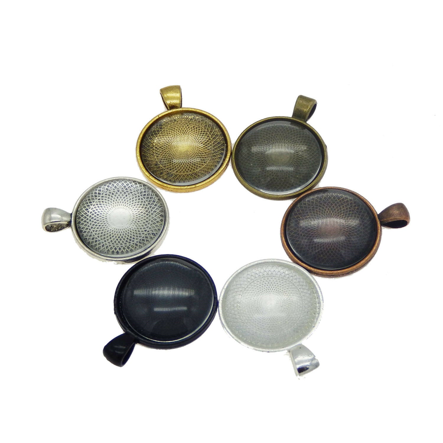 6 sets Mix Metal Alloy Base Round Clear Glass Cameo Bezel Charms Pendants