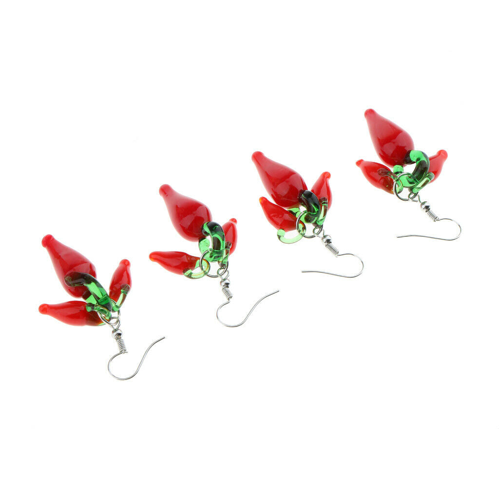 2 Pairs of Fire Red Lampwork Cluster Glass Drop Earrings with