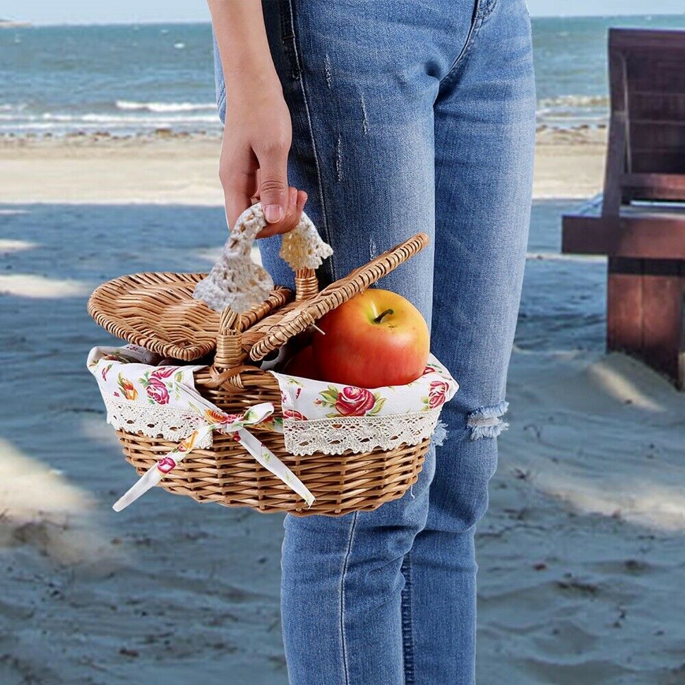 Wicker Linen Picnic Basket Food Storage Hamper Wooden Handle Camping Handmade