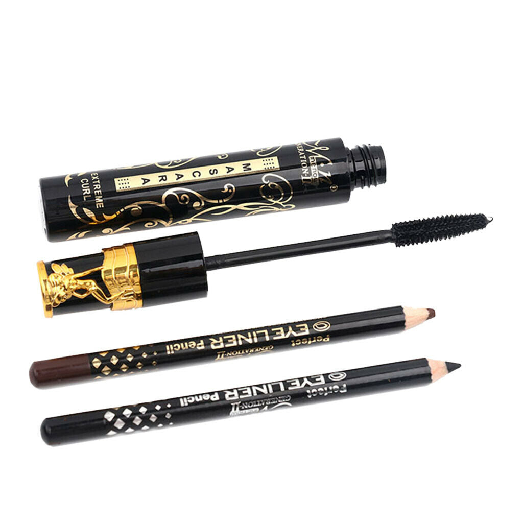 Black Super Long Fiber Curling Mascara Eyelash Extention + Eyeliner Pencils
