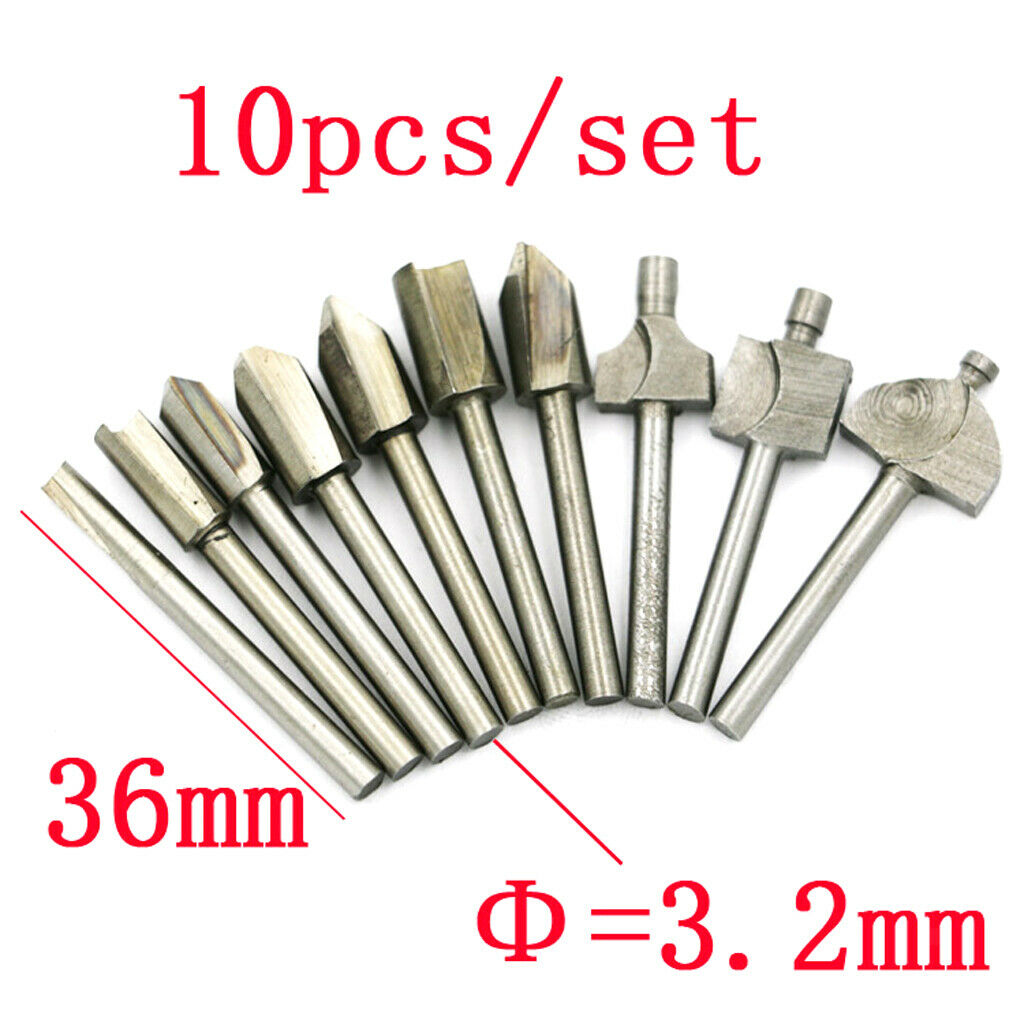 10 Pieces HSS 1/8''(3mm) Shank Router Bits Milling Cutter Kit Fit Rotary Tool