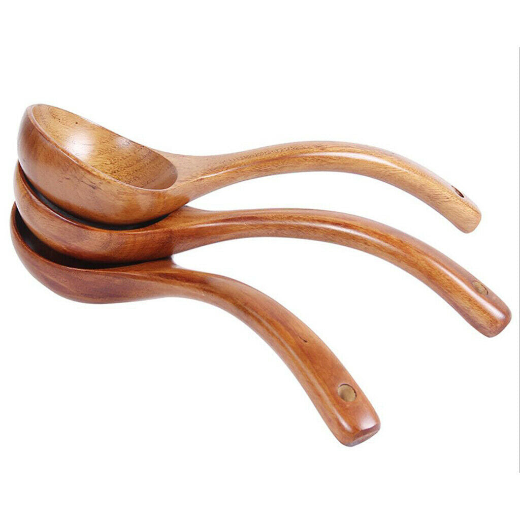 Wooden Long Handle Spoon Ladle Dinner Rice Tableware Flatware with Hook Wood
