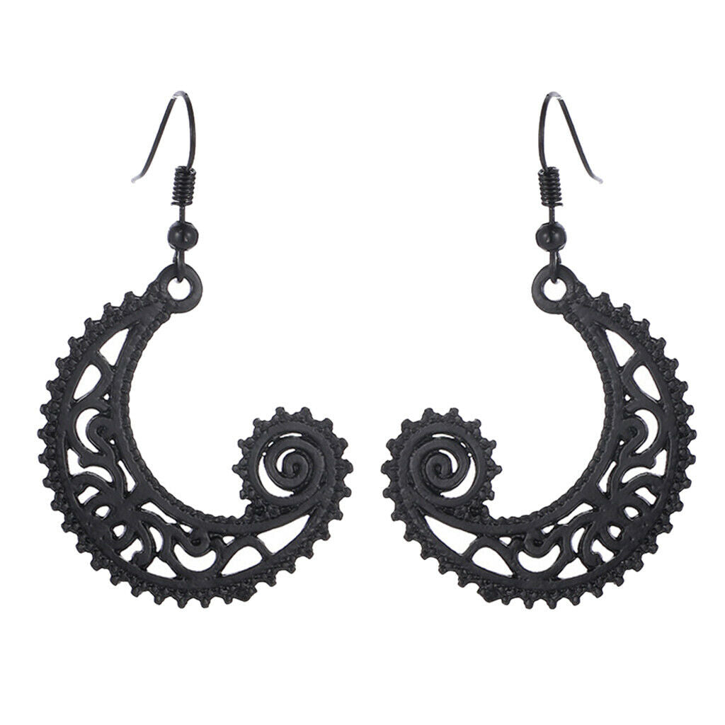 Bohemian Swirl Spiral Moon Dangle Earrings Wedding Jewelry Matte Black