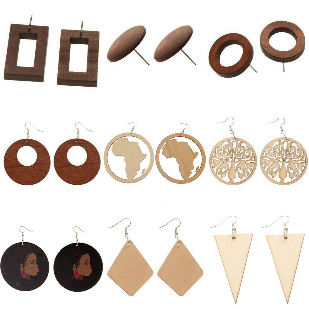 Wood Stud Earrings Geometry Hollow Round Circle Mix Color Fashion Women - Brown