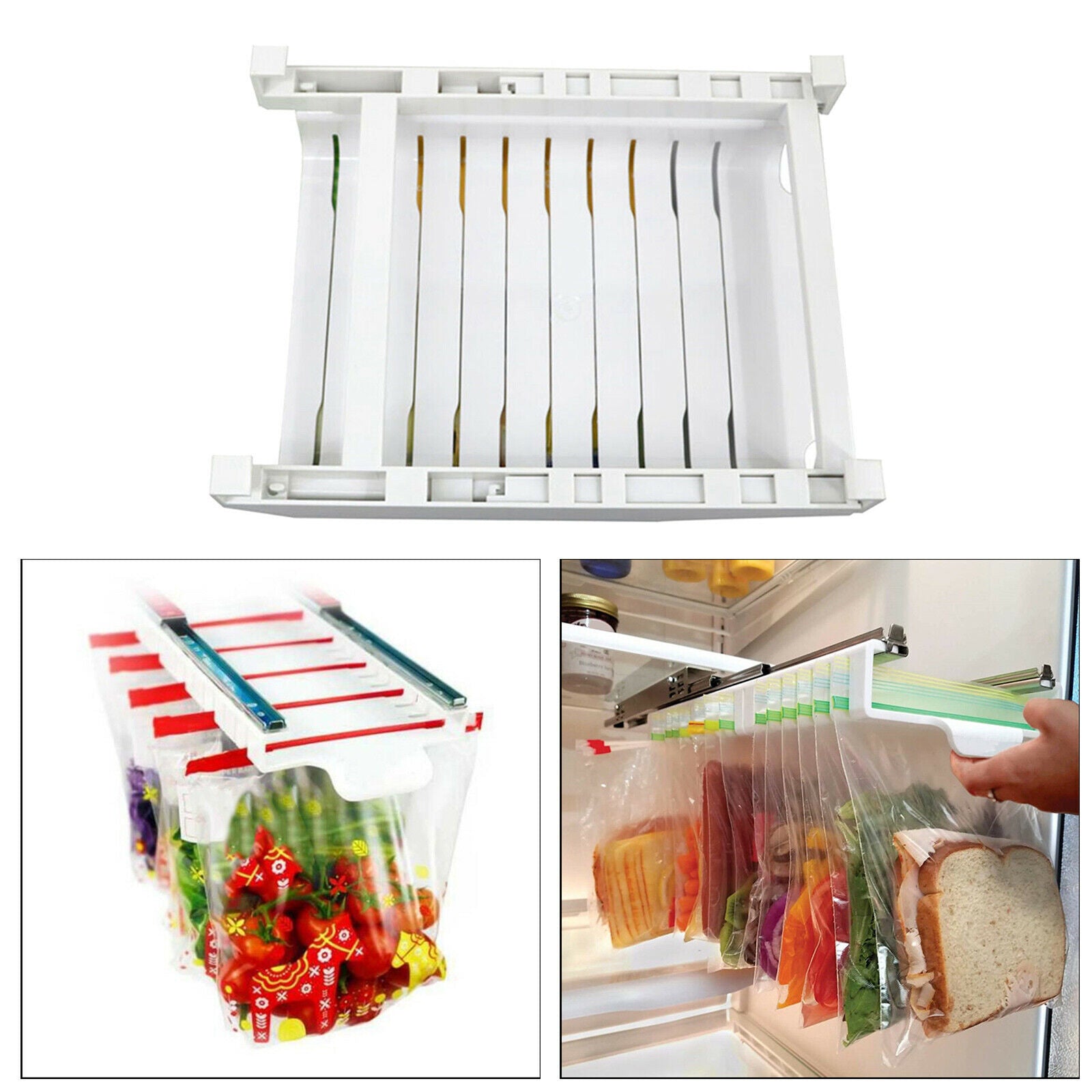Bag Storage Organizer Rack 10 Slots for Fridge Freezer Drawer Hanger