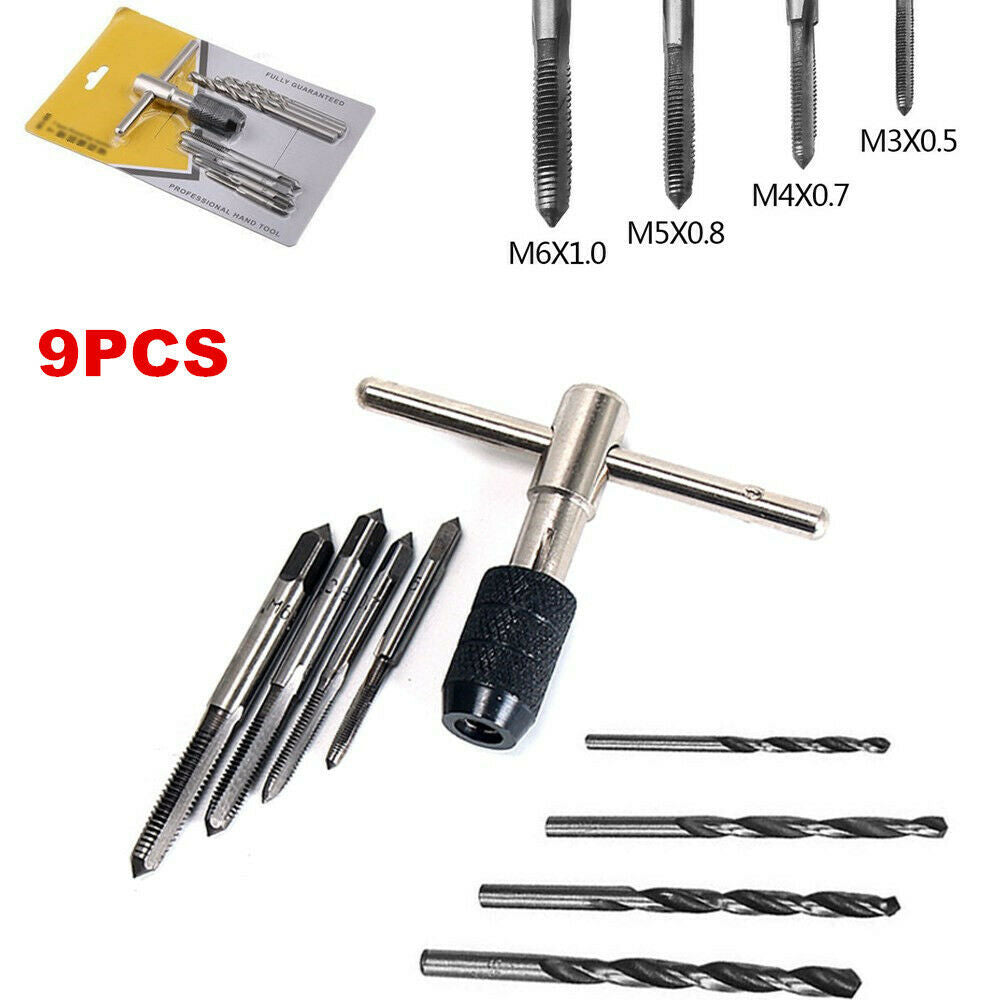 9 Pieces Set Tap and Die Set M3-6T Type Hand Alloy Steel 4 Taps 4 Twist Drills