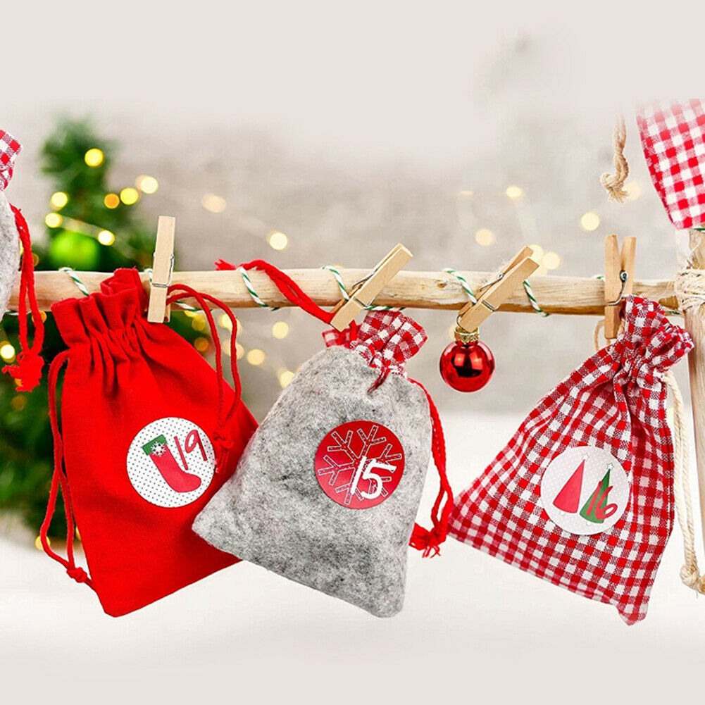 24pcs Christmas Advent Calendar Gift Bag 24 Days Hanging DIY Xmas New Year Decor