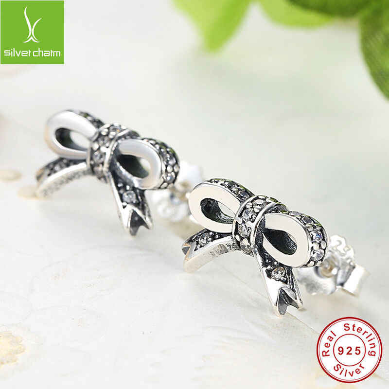 925 Sterling Sparkling Bow Stud Earrings With Clear CZ For Women Fashion Jewelry