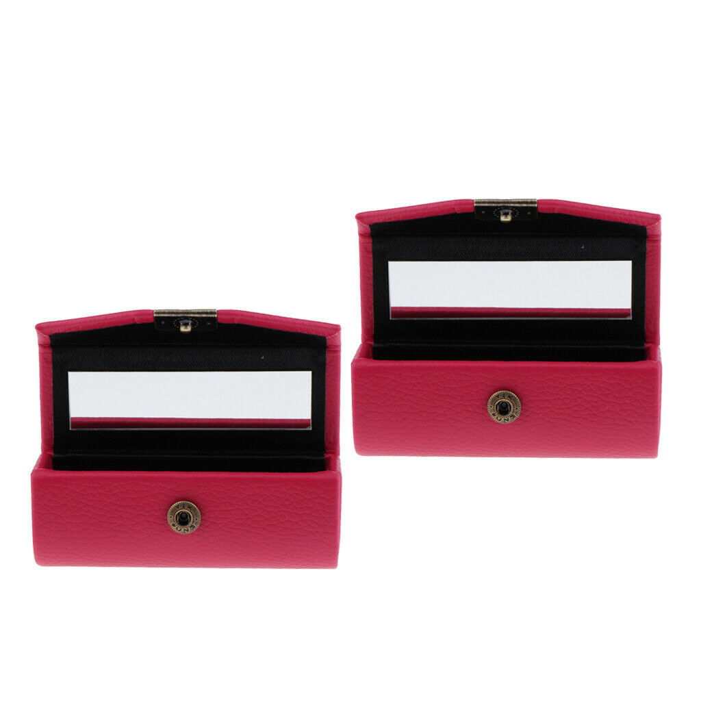 2 Pcs Leather Lipstick Case Holder Storage Box mirror Purse Pocket Rose Red