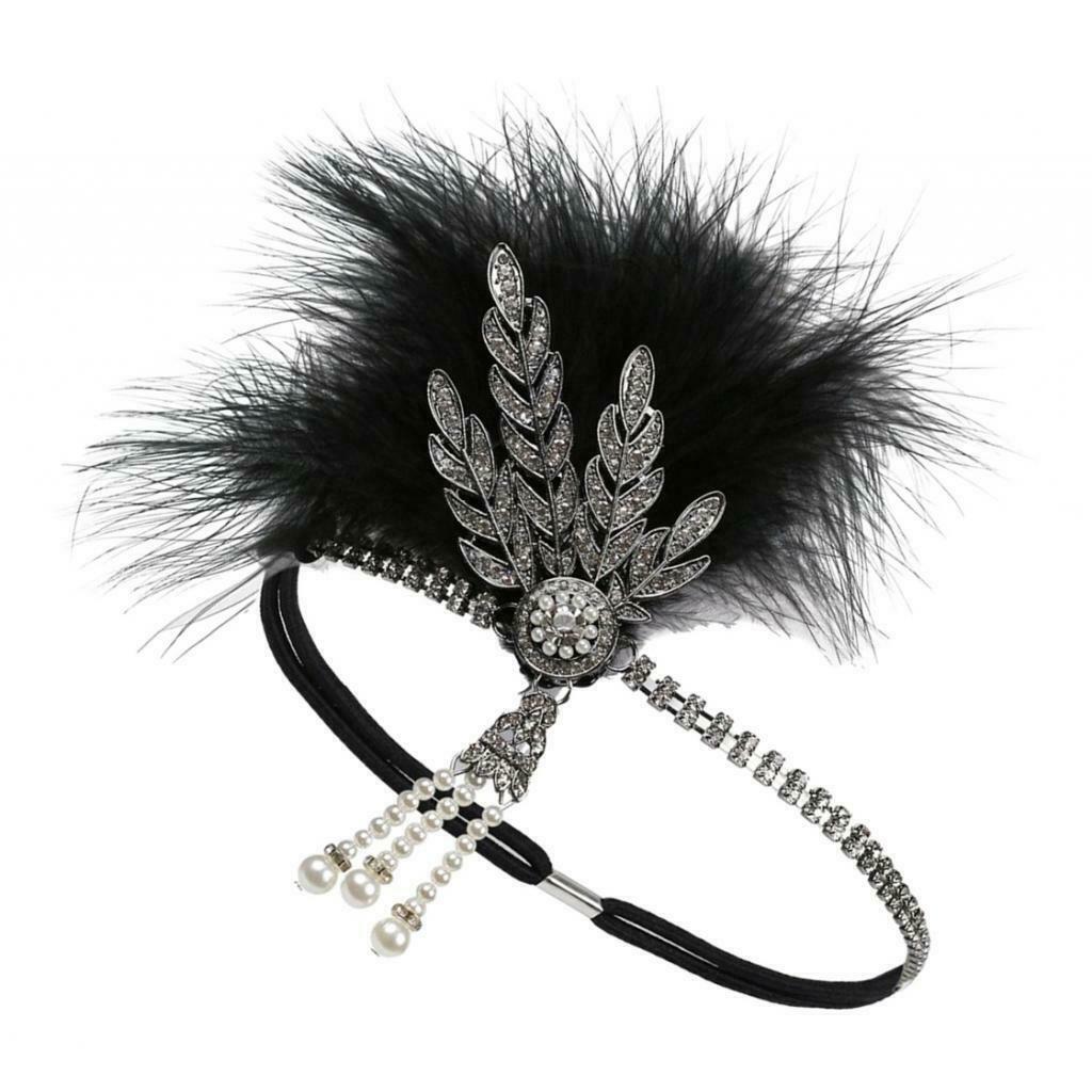 Set of 2 Womens Feather Headband Chain Stretchy Rhinestone Hairband Beaded