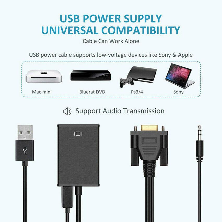 VGA To HDMI Converter 1080P HD Adapter With Audio Cable For HDTV PC Laptop