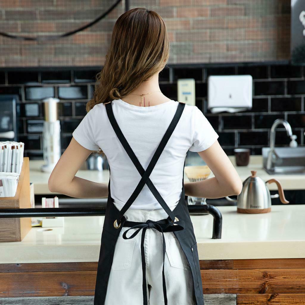 2Pcs Black Denim Apron Unisex Kitchen Bar Leather Cross Back Straps