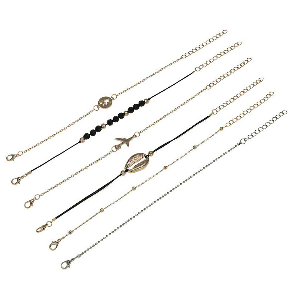 6 Pcs Fashion Women Boho Shell Airplane Beads Map Chain Bracelet Bangle Jewelry