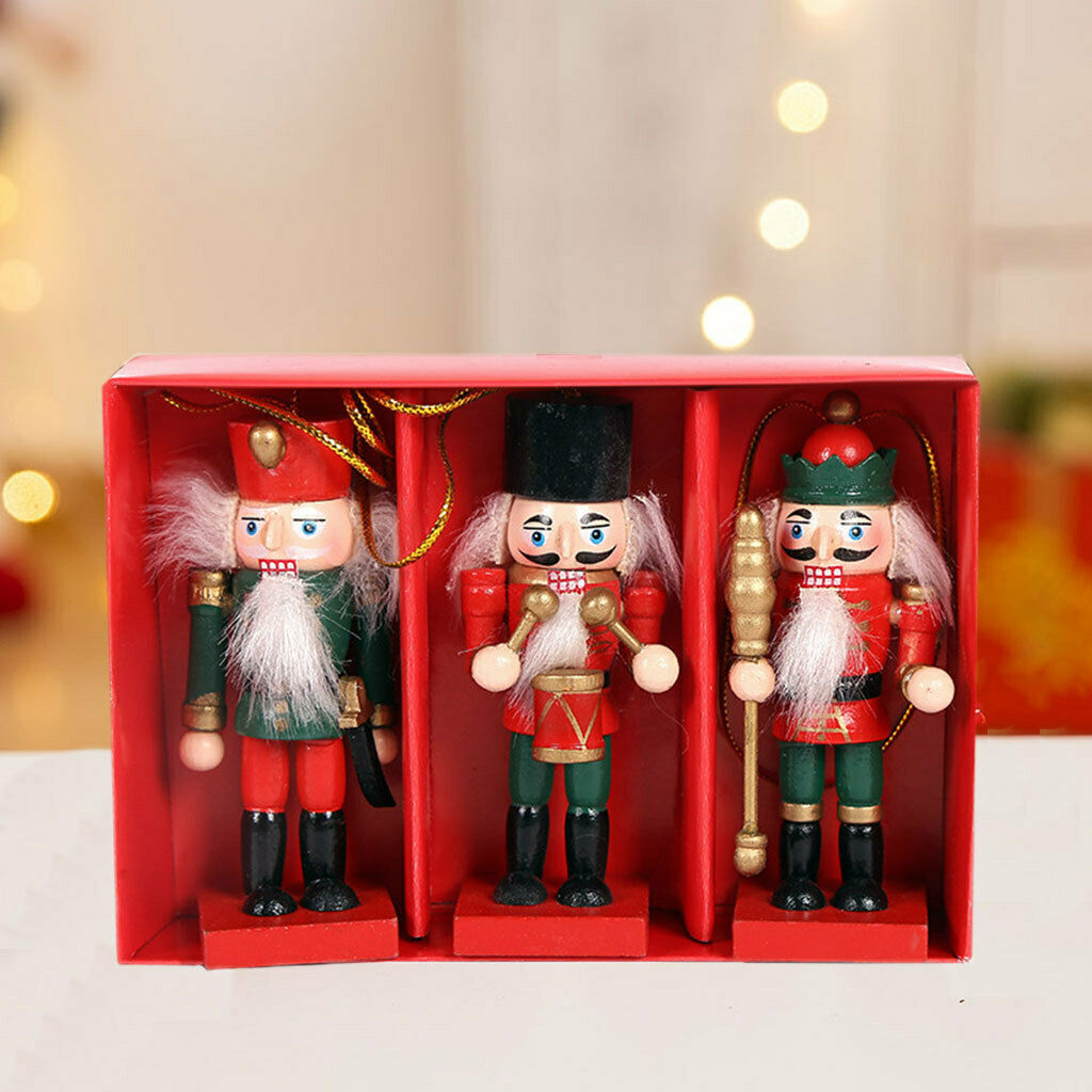 3Pcs 10cm Height Wooden Nutcracker Soldier Ornaments Kit Xmas Hanging Decor