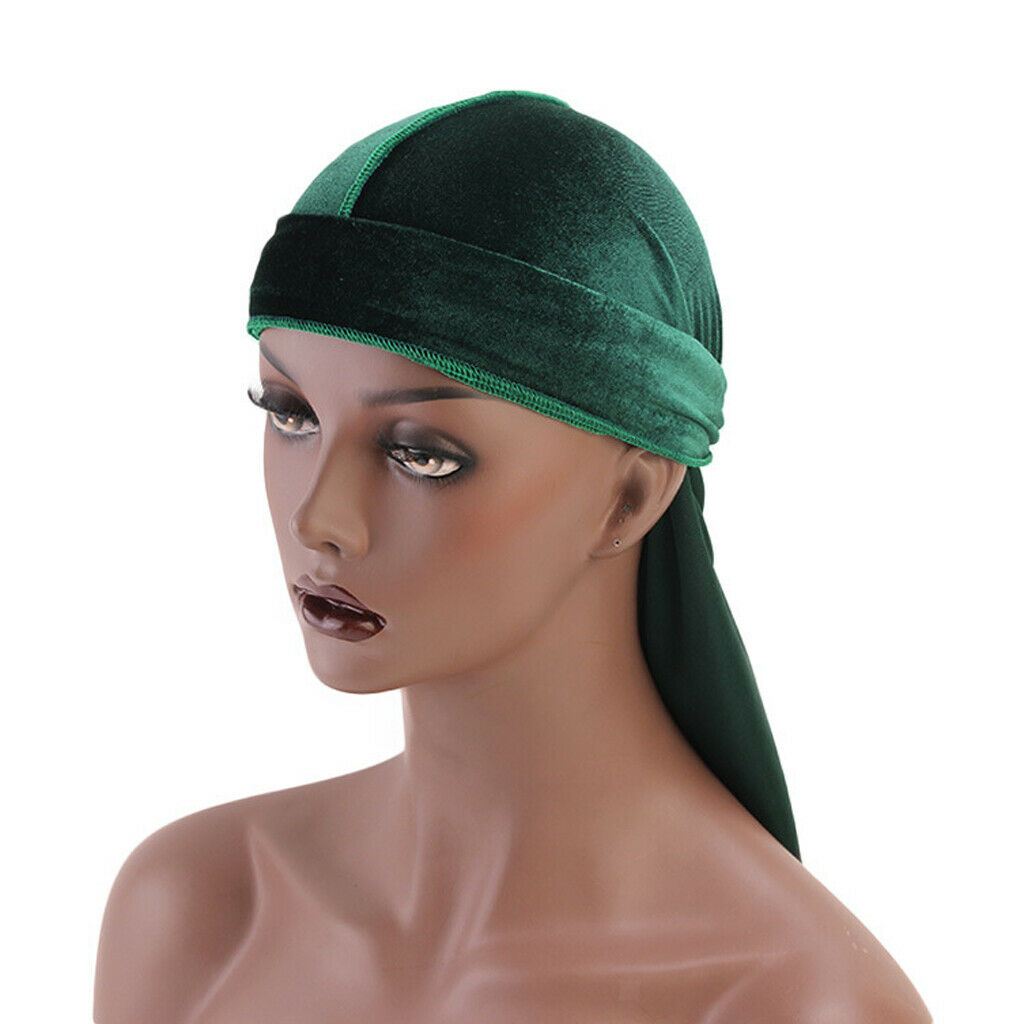Fashion Velvet Bandana Hat Durag Long Tail Muslim Headwrap Beanie Green