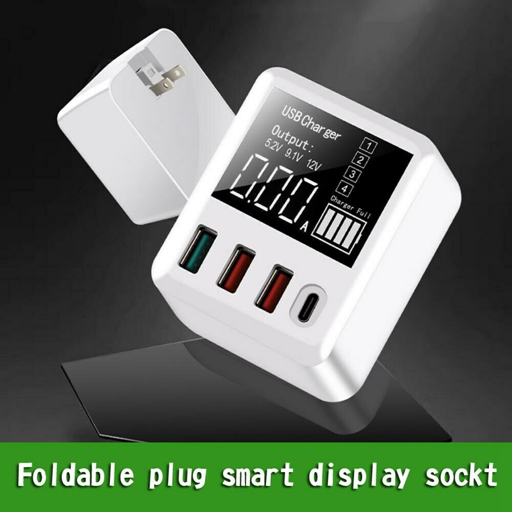 40W 4-Port Charging Hub QC 3.0 USB Port PD LED Display Wall Charger US Plug CA