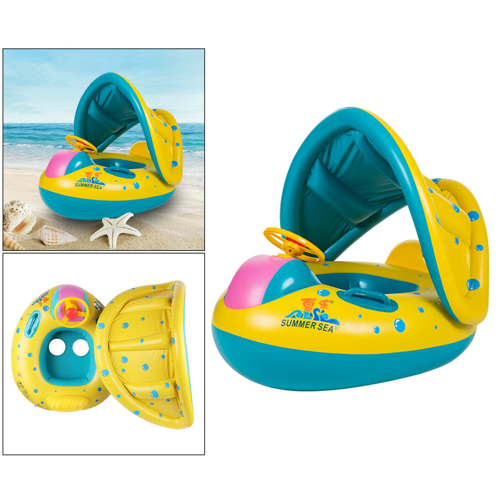 Kids Baby Swimming Ring w/ Removable Canopy Swim Float Toys for Toddler