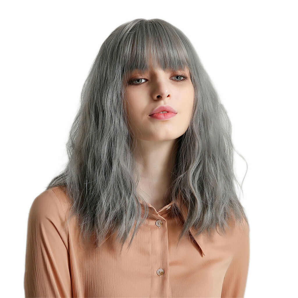 16'' Grayish Blue Women Wavy Wig Synthetic Heat Resistant Wigs w/ Flat Bang