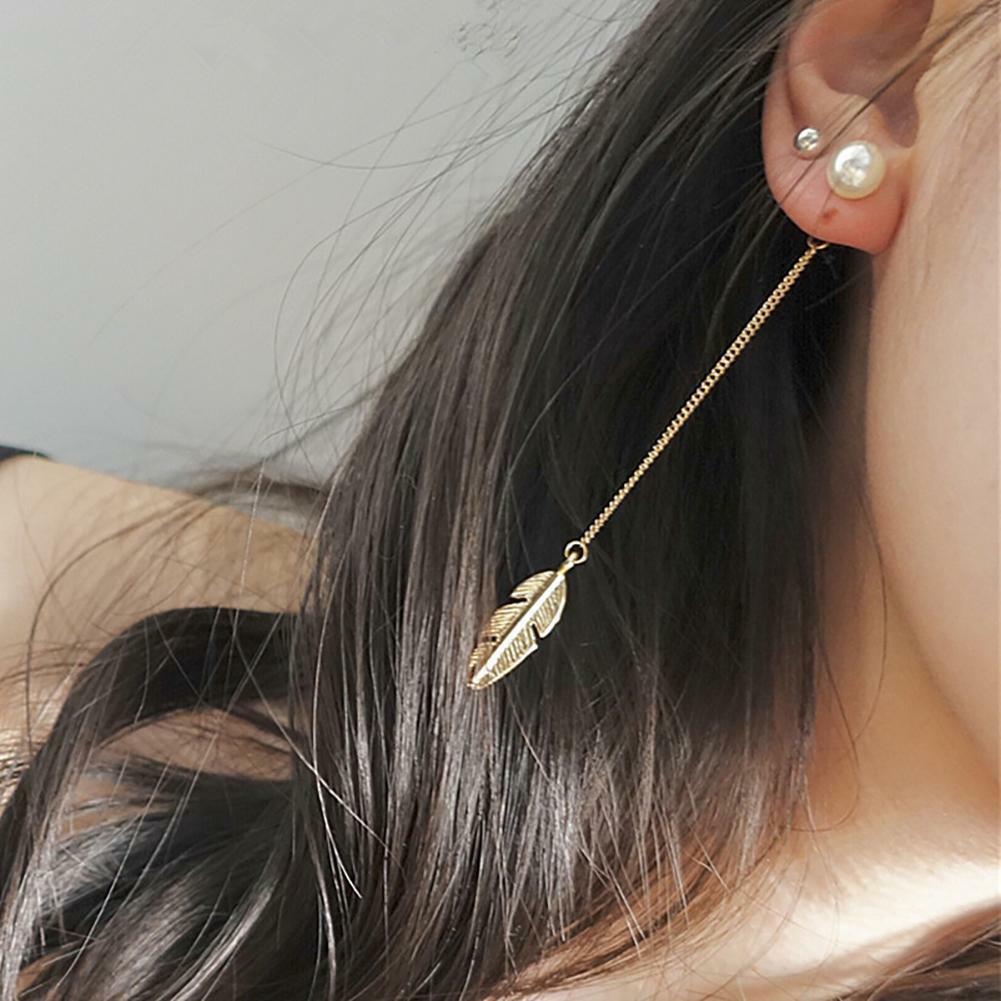 Korean Style Simulated Pearls Long Tassel Leaf Feather Dangle Earrings Jewelry