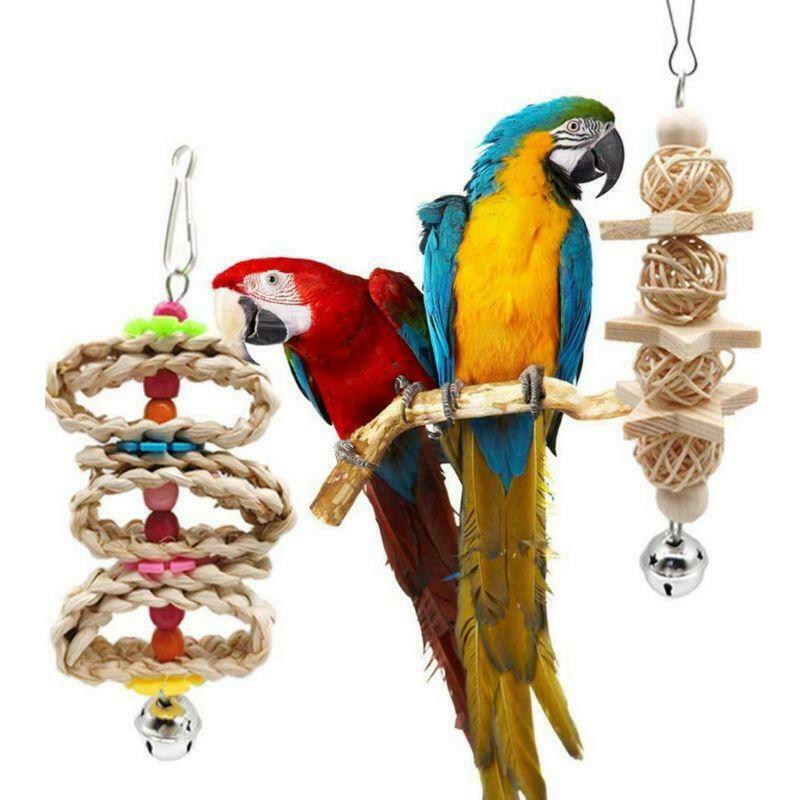 8 Pcs/set Bird Parrot Swing Chew Toys Natural Wood Hanging Bell Birds Cage Decor