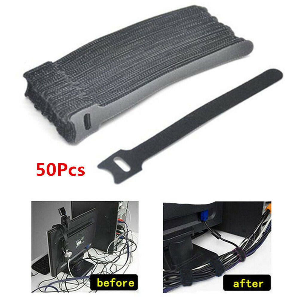 50X Black Nylon Strap Hook and Loop Cable Cord Ties Tidy Organizer Durable