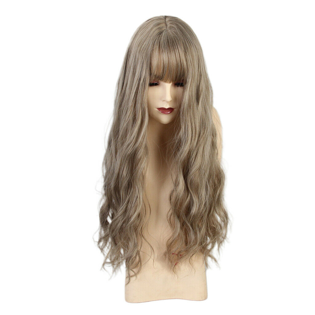 Women Long Wavy Light Brown Wigs with Bangs Heat Resistant Synthetic Fiber