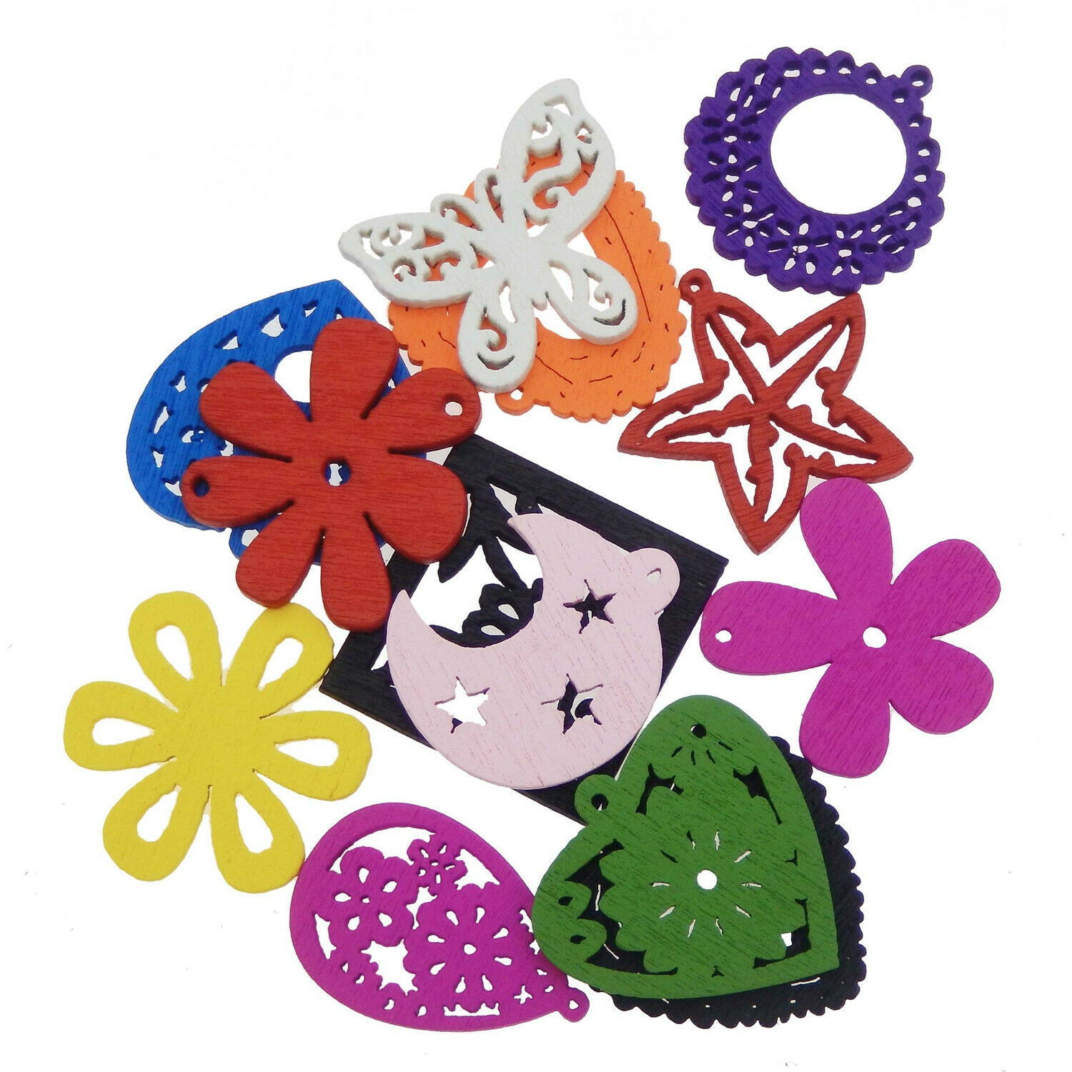 Lot of (x100) Assorted Mix Kinds Wooden Flowers Peace Signs Pendants Charms