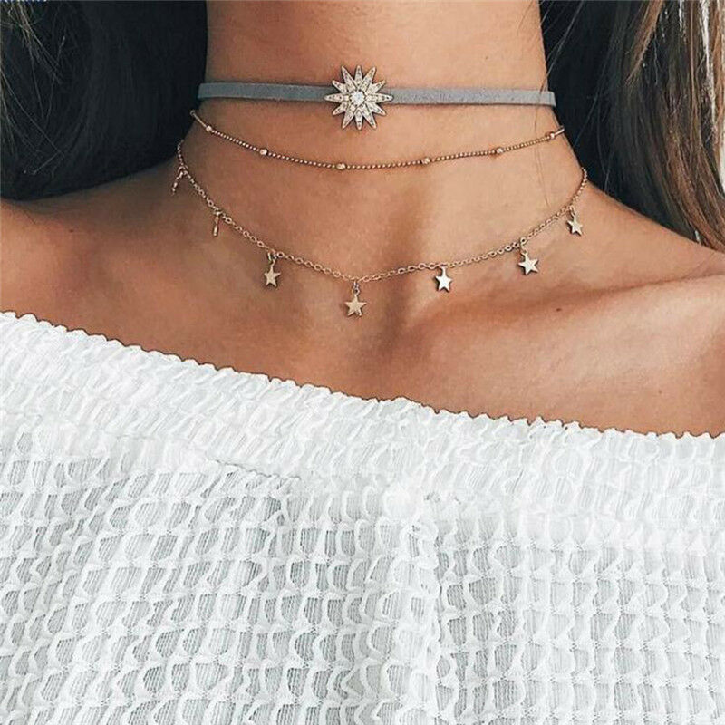 Lady Sun Star Pendant Choker Chunky Chain Multi Layer Boho Necklace Jewel.l8