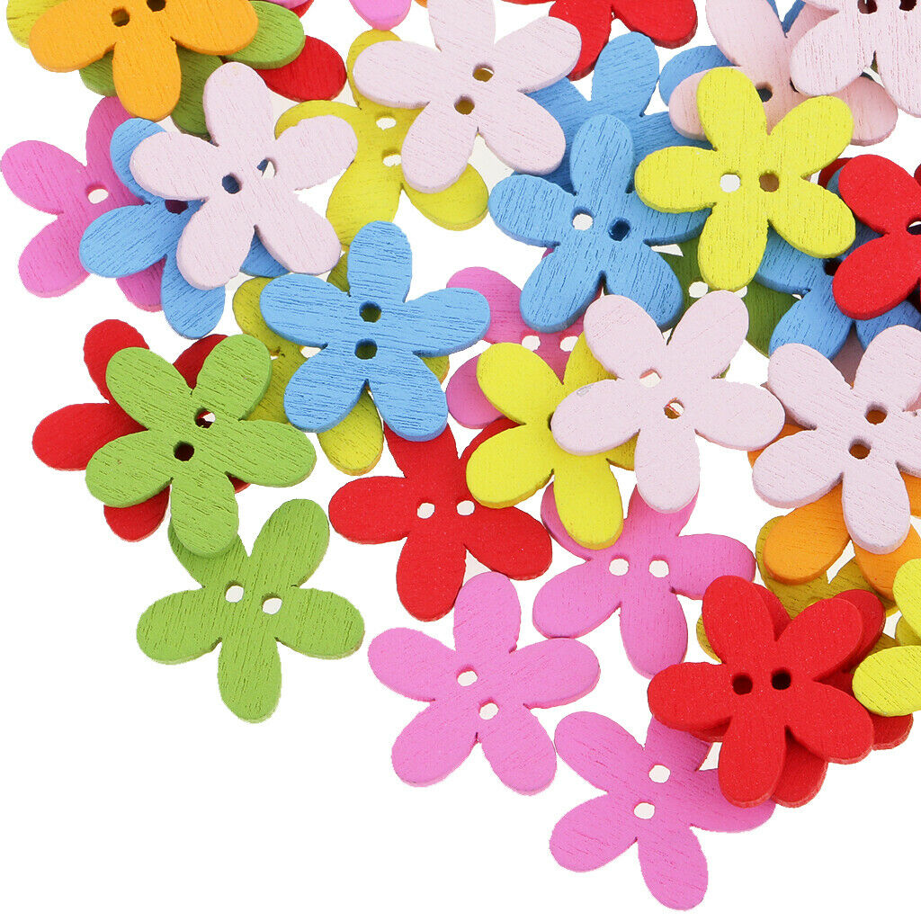100Pcs Wood Buttons Sewing Scrapbooking Crafting Flower Shaped 2 Holes Mixed