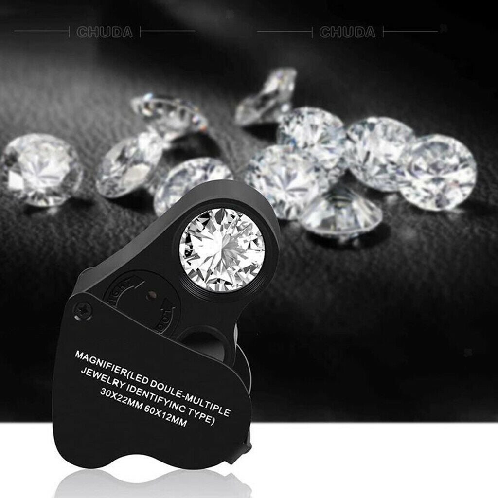 30X 60X Handheld Pocket Jewelers Loop Eye Glass Magnifier Loupe 2 LED Light