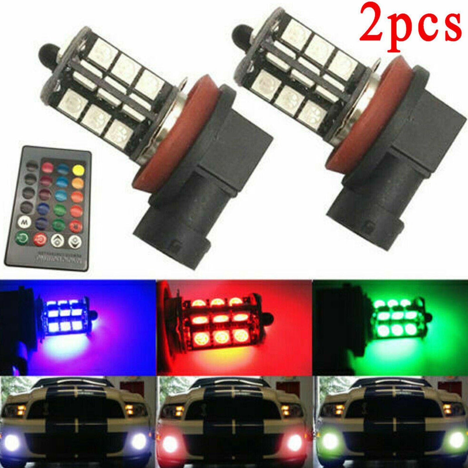 2X RGB Remote Control H8 H9 H11 5050 27SMD Color Changing Auto LED FogLight Bulb