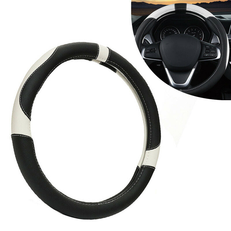 15'' 38cm PU Sport Leather Anti-Slip Car Steering Wheel Cover Black&White Pretty