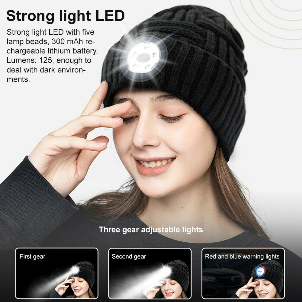 LED Head Torch Warm Beanie Hat Light Outdoor Battery/Rechargeable Headlight Lamp
