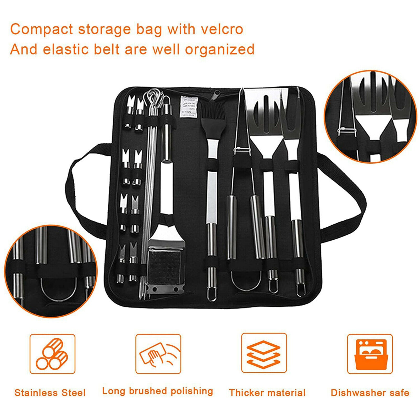 20Pcs Stainless Steel BBQ / Grilling Tool Set - Tongs Fork Cleaning Brush