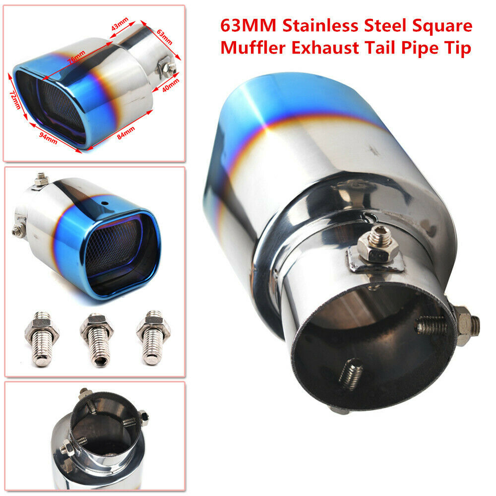 Car SUV 63MM Grilled Blue Stainless Steel Square Muffler Exhaust Tail Pipe Tip
