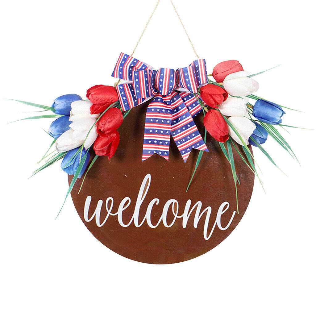 Welcome Round Hanging Wood Sign and Bow Farmhouse Window Home Ornaments