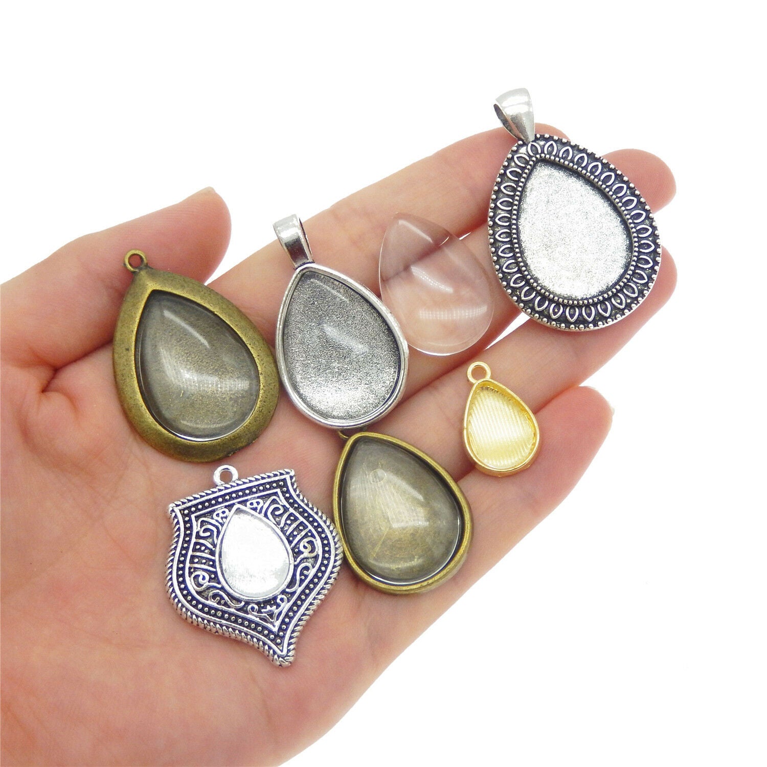 5 Mix Metal Base Settings with Glass Cabochons Teardrop Pendant DIY Photo Frame