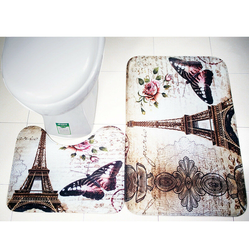 2Pcs/Set Paris Eiffel Tower Non-Slip Bathroom Toilet Pedestal Rug + Bath Mat HN