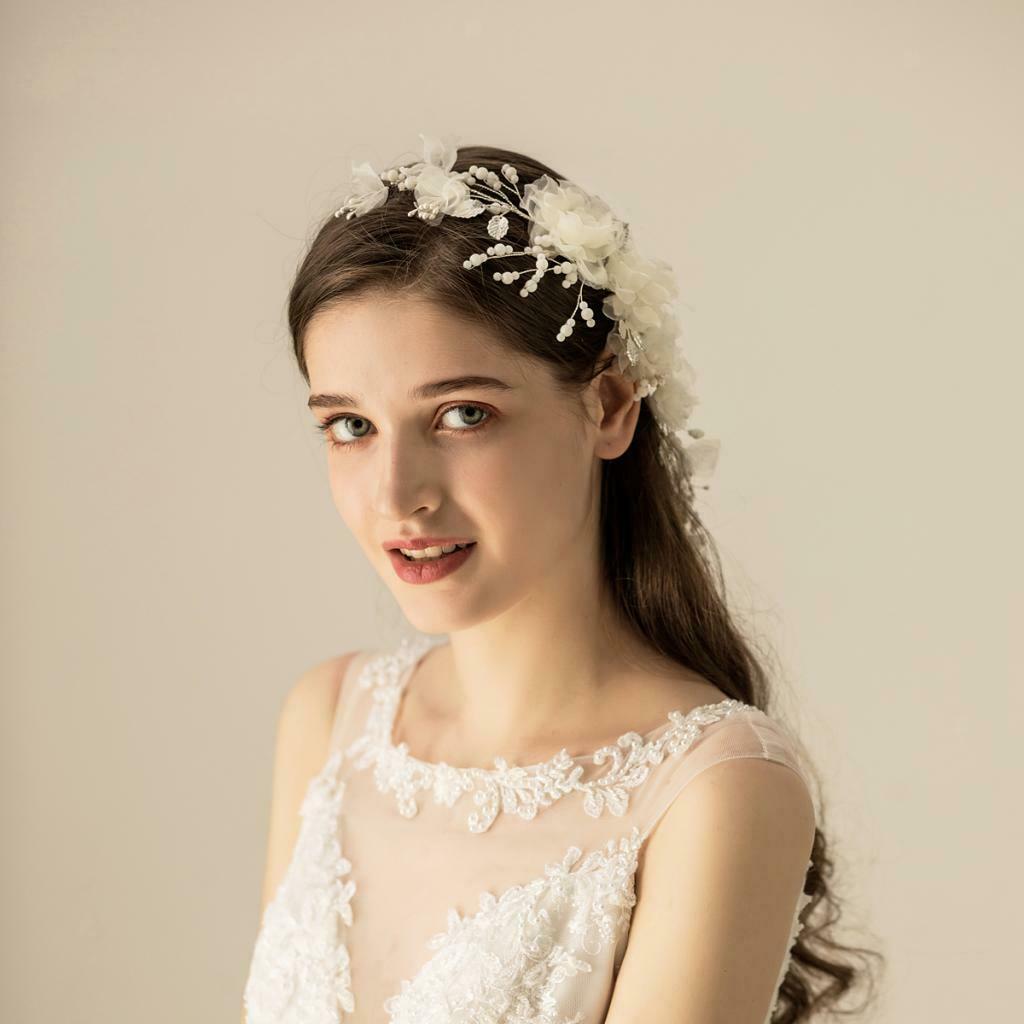 Handmade Chiffon Flowers Tiara Bride Pearls Headdress Hair Comb Headpieces