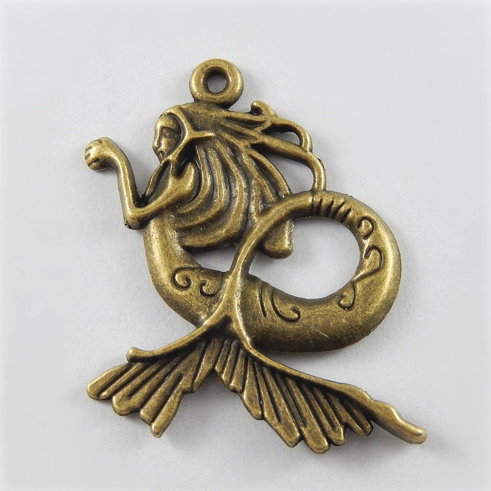 10 pcs Antiqued Bronze Charm Alloy Mermaid Pendant Jewelry Art Crafts 41*35*2mm
