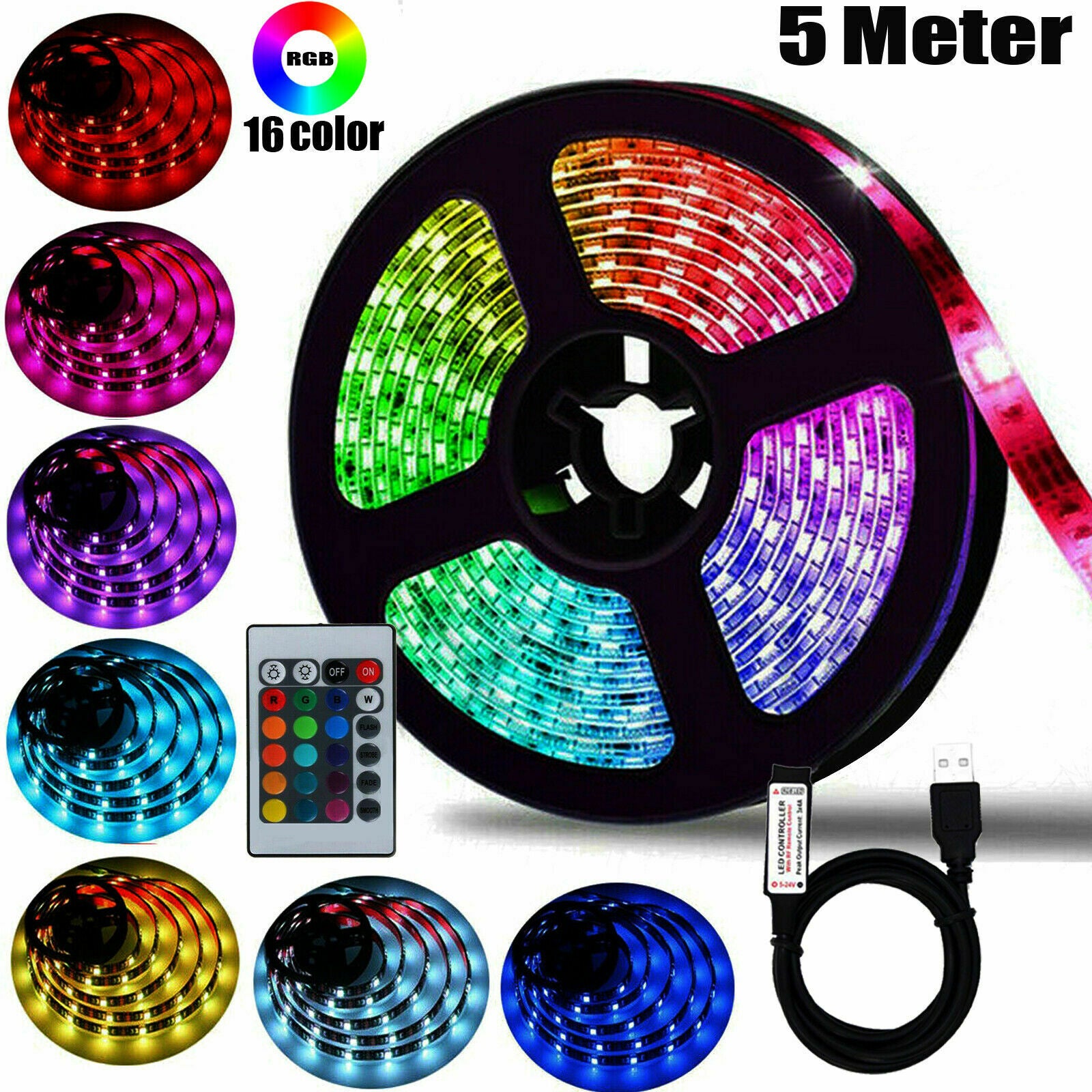 5m LED Strip Lights 5050 RGB Colour Changing Tape Under Cabinet Kitchen Lighting
