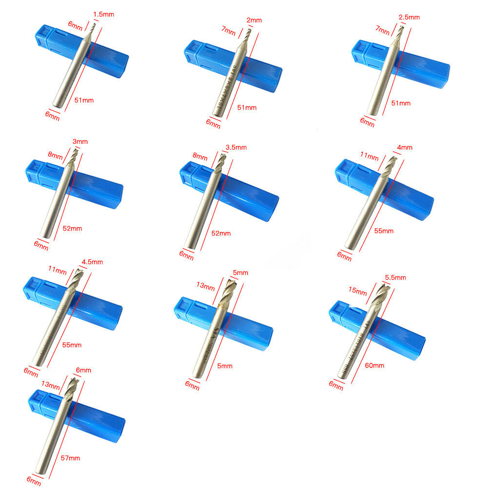 10Pcs/set 1.5-6mm HSS Straight Shank 4 Flute Cutter End Mill CNC Drill Bit Tool